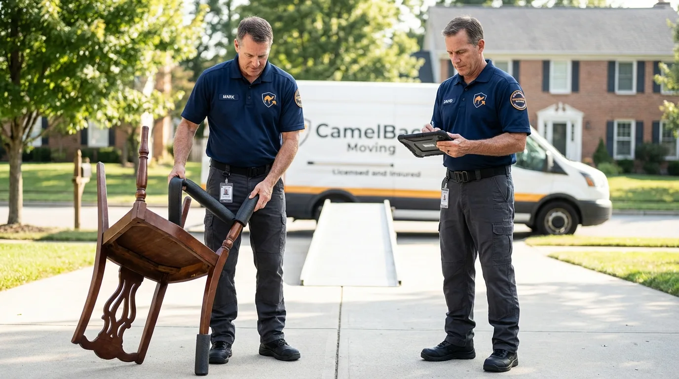 Movers inspecting furniture for damage prevention before loading in King William, VA