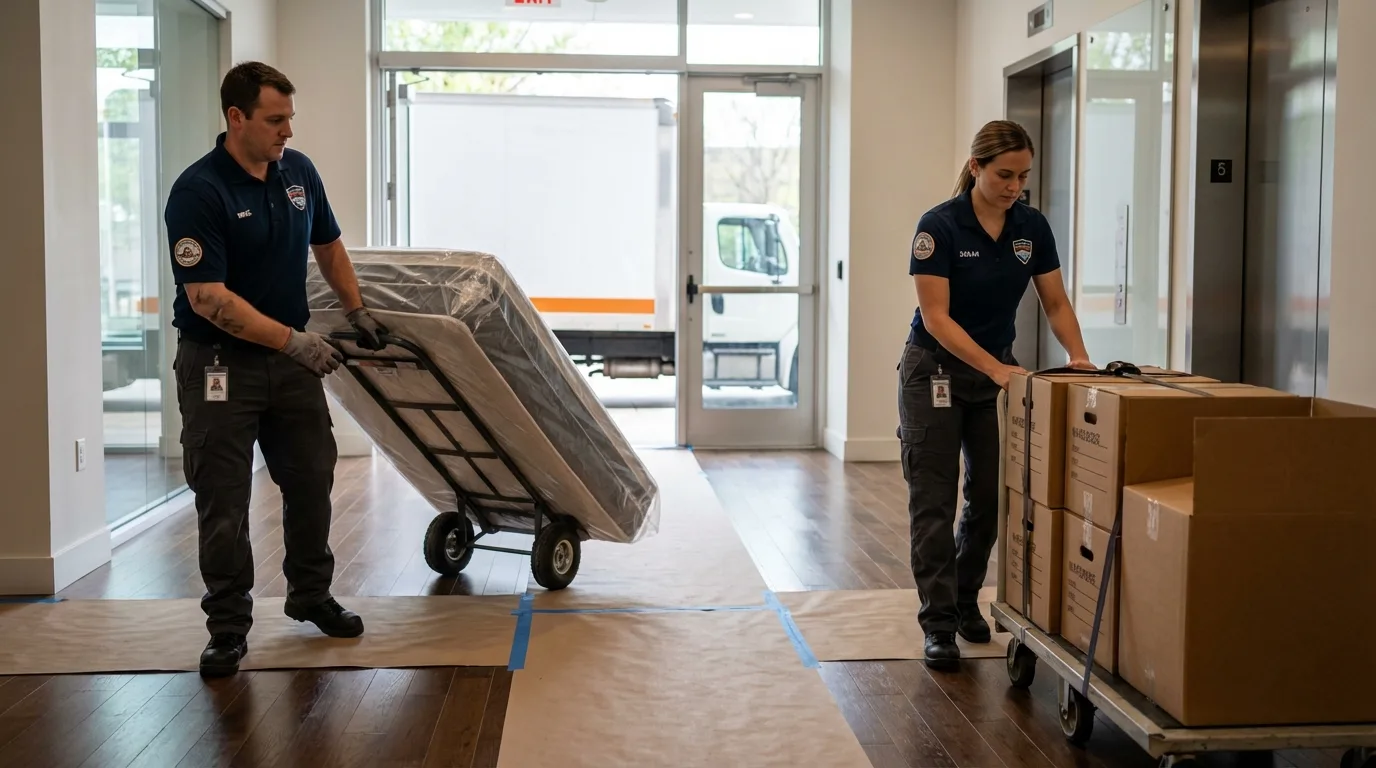 Professional apartment movers loading elevator in King William, VA